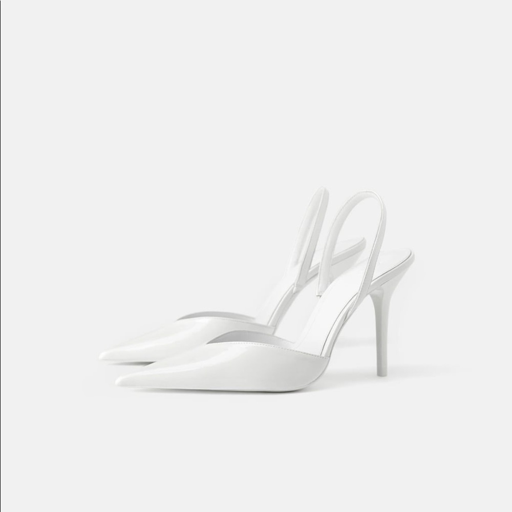 Zara White Patent Leather Slingback Heels Sz 37